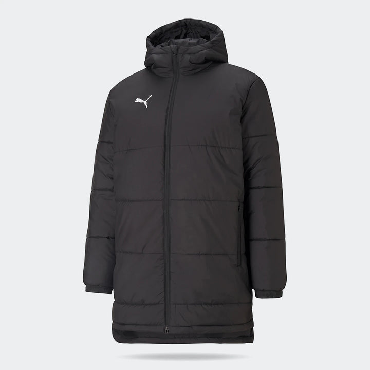 Black Puma Mens Bench Jacket, a long quilted puffer coat with a hood and white Puma logo, front view.
