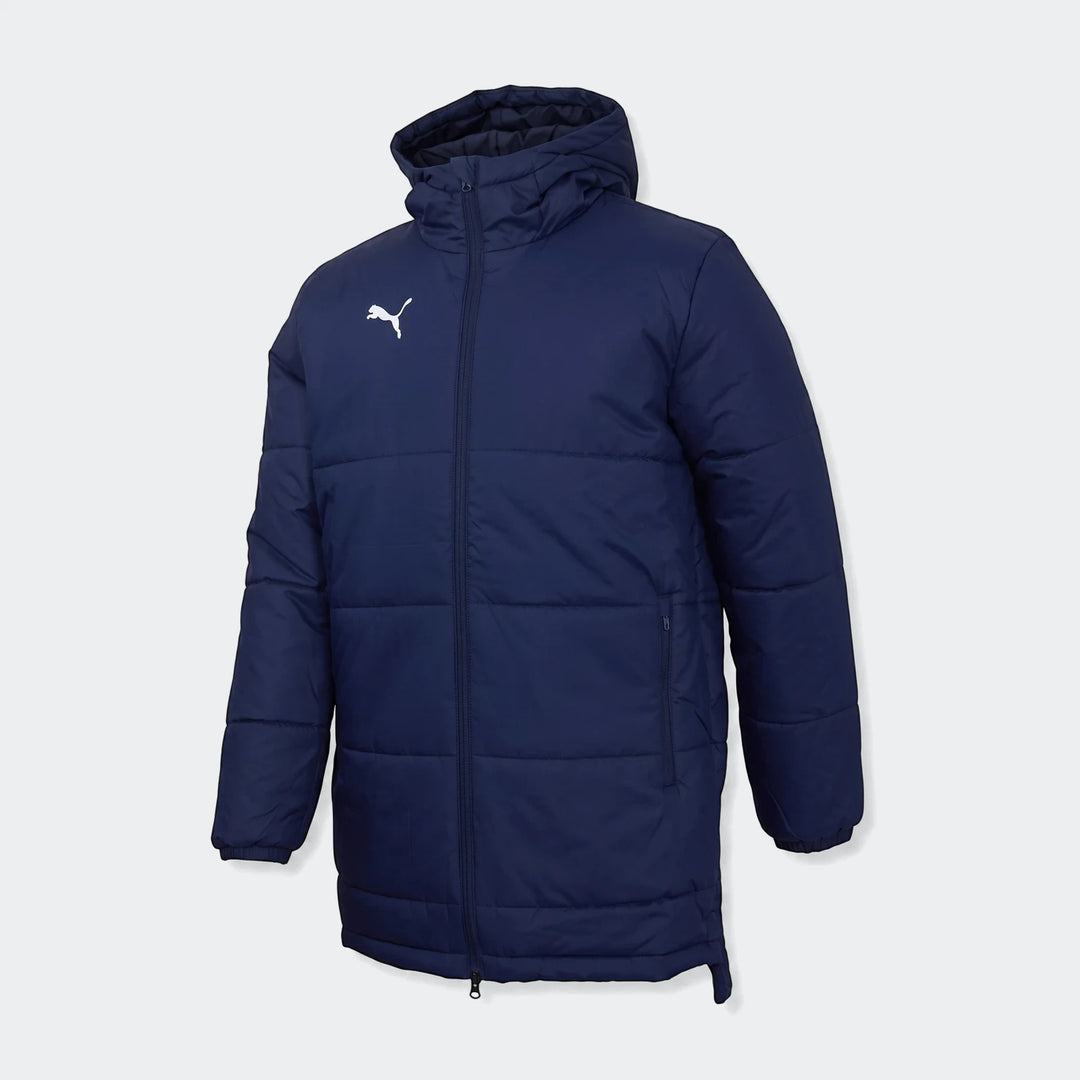 Puma Men's Bench Jacket in dark blue, a long padded puffer jacket with a hood and white Puma logo.