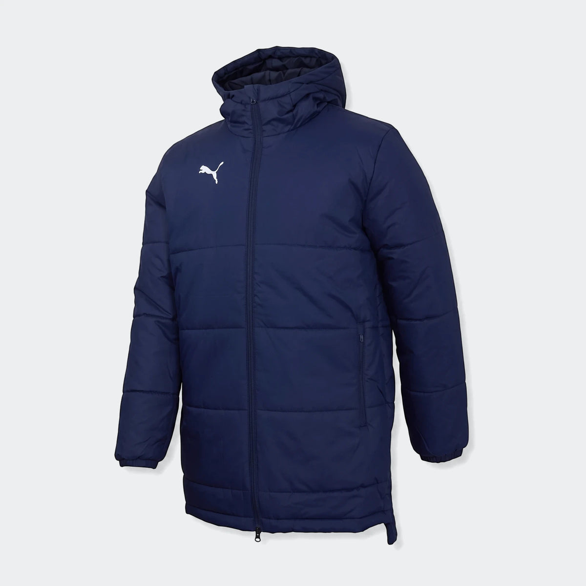 Puma Men's Bench Jacket in dark blue, a long padded puffer jacket with a hood and white Puma logo.