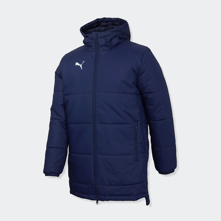 Puma Men's Bench Jacket in dark blue, a long padded puffer jacket with a hood and white Puma logo.