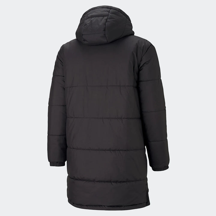 Black Puma men's bench jacket with a hood, shown from the back, highlighting its padded design and full length.
