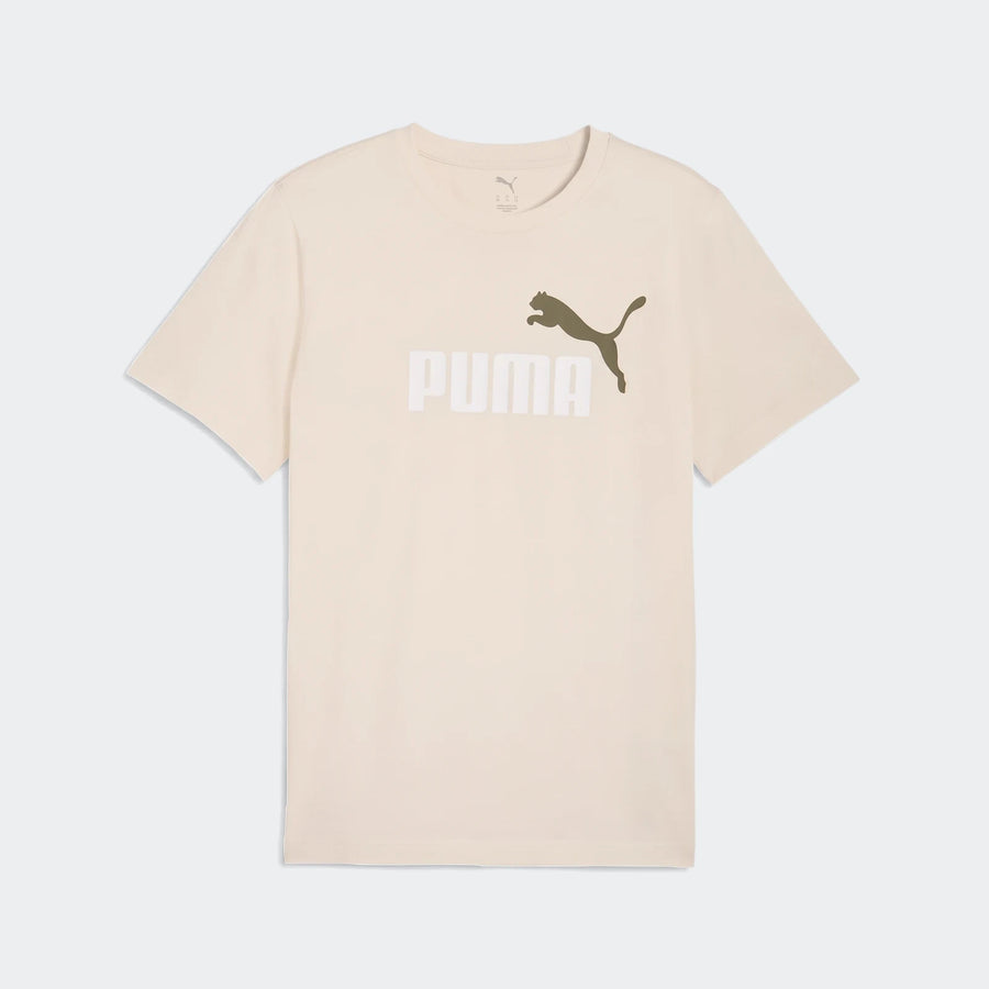 Men's Essentials 2 Colour No. 1 Logo Tee in beige with white PUMA text and olive puma graphic, laid flat.