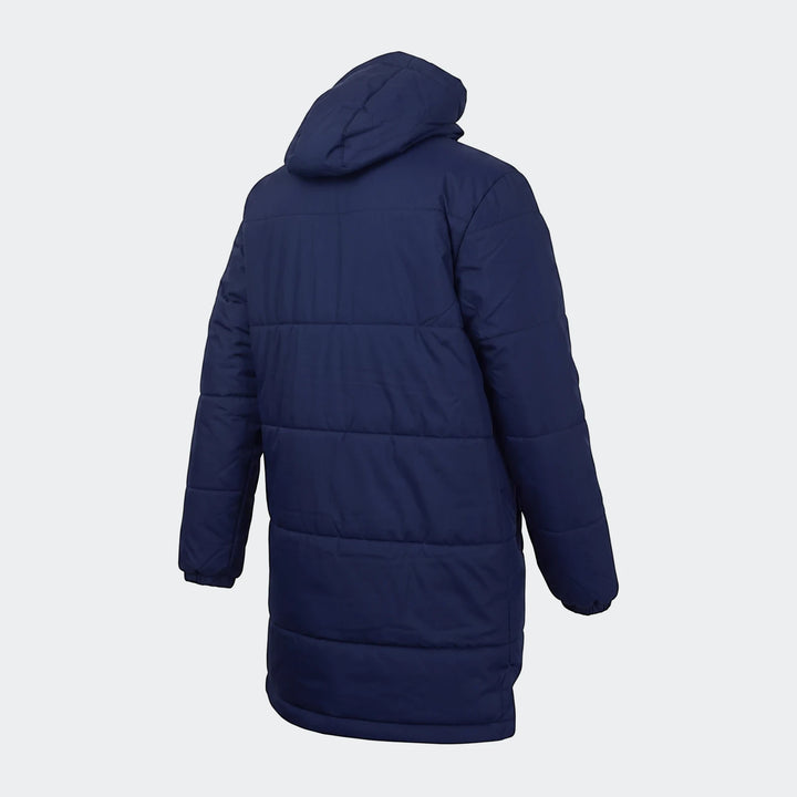 Navy blue Puma men's bench jacket, seen from the back-right, featuring a puffer design with a hood.