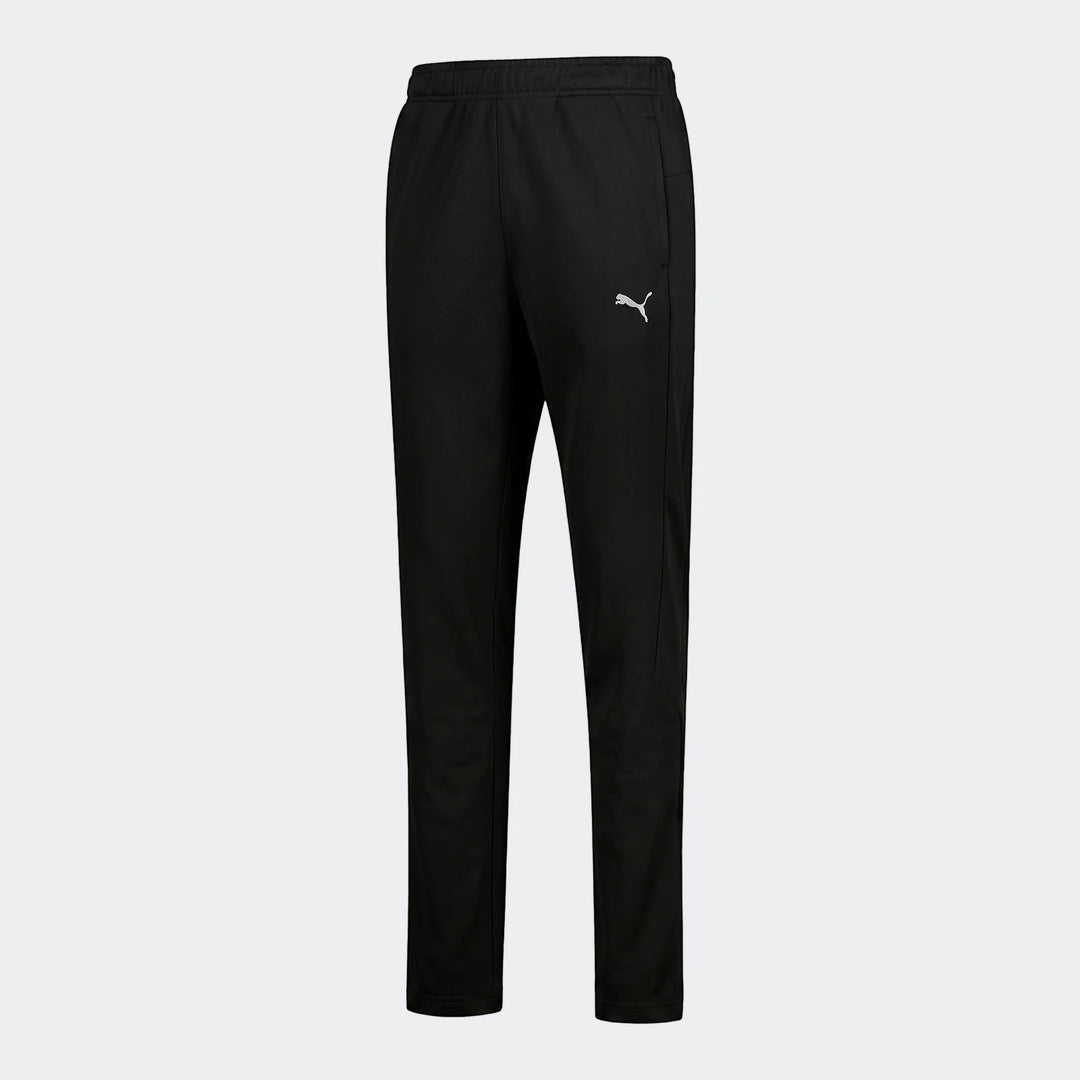 Puma Men's Slim Tricot Trackpants in black, featuring the white Puma logo on the left thigh, displayed vertically.