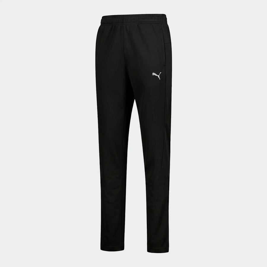 Puma Men's Slim Tricot Trackpants in black, featuring the white Puma logo on the left thigh, displayed vertically.