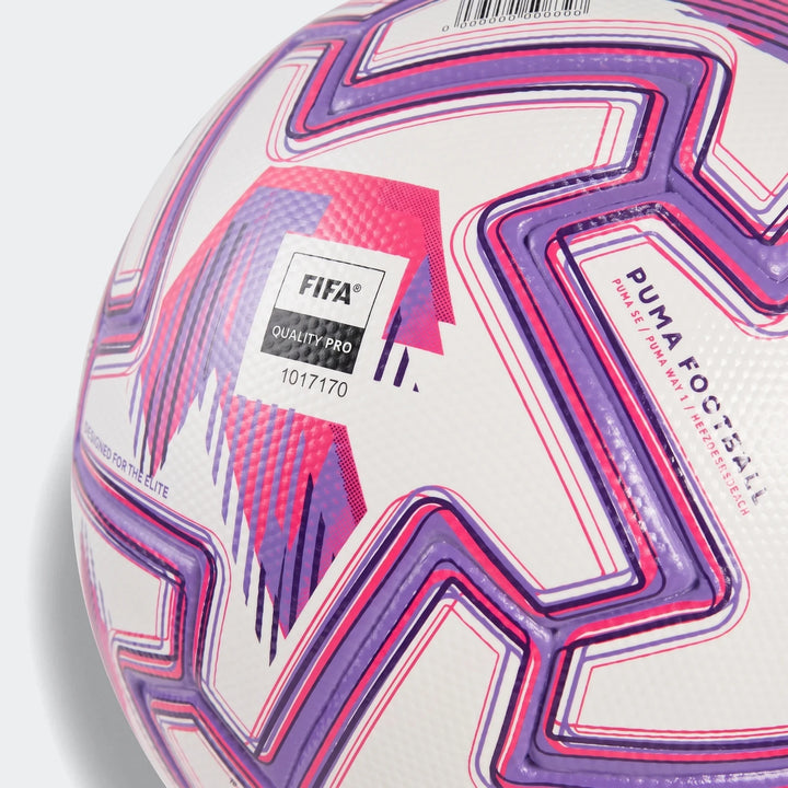 Close-up of a white Puma Orbita Ultimate Pl football with vibrant pink and purple geometric patterns and the FIFA Quality