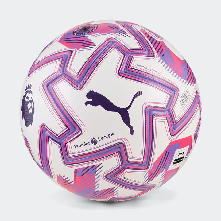 Puma Orbita Ultimate PL football in white, purple, and pink, showcasing its thermal bonded design and official Premier
