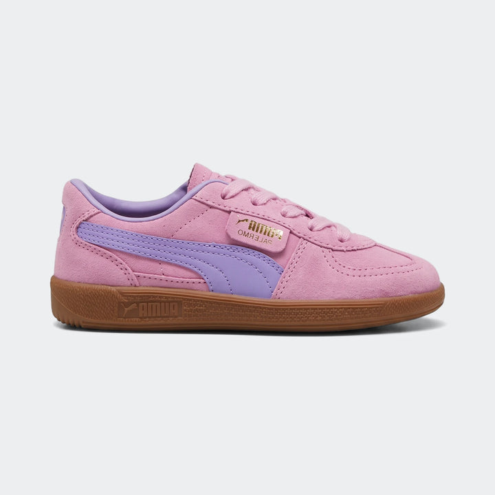 Pink and purple suede Puma Palermo Ps sneakers with a gum sole, shown in a side view.