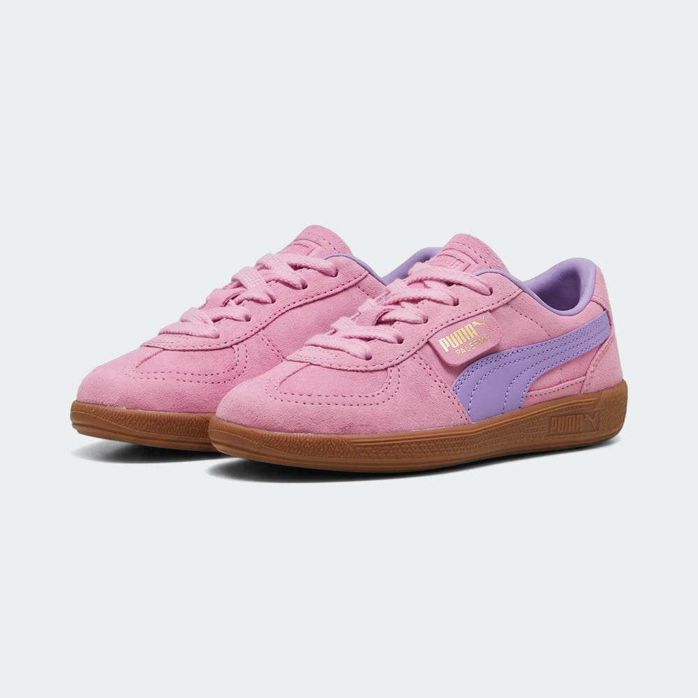 Pair of pink suede and purple Puma Palermo Ps sneakers with brown gum soles, viewed from an angled perspective.