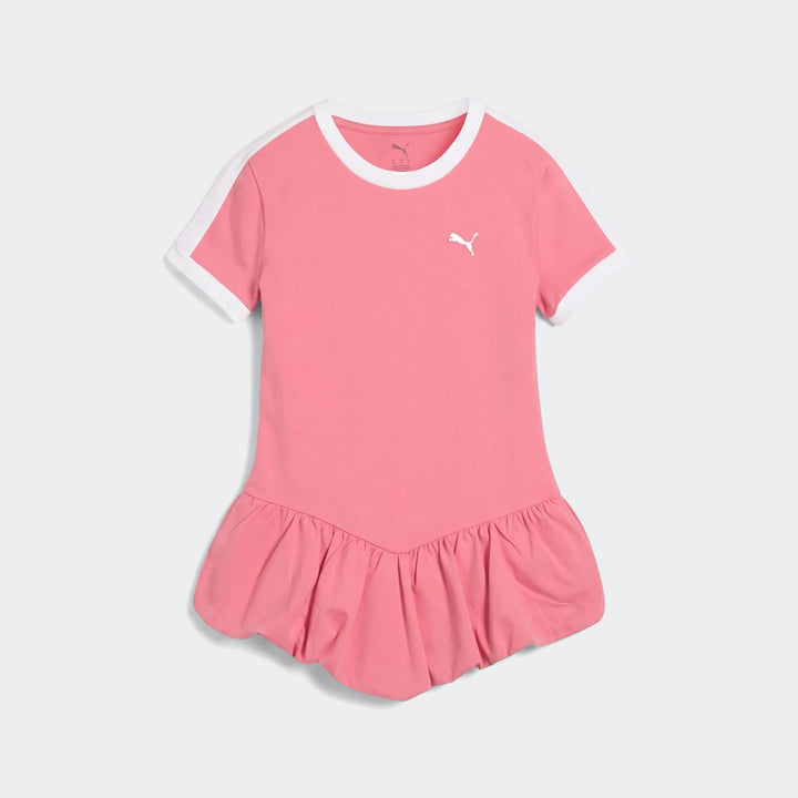 Pink Puma T7 Balloon Crew Neck Short Sleeve T-Shirt Dress for kids with white stripes and ruffled hem.