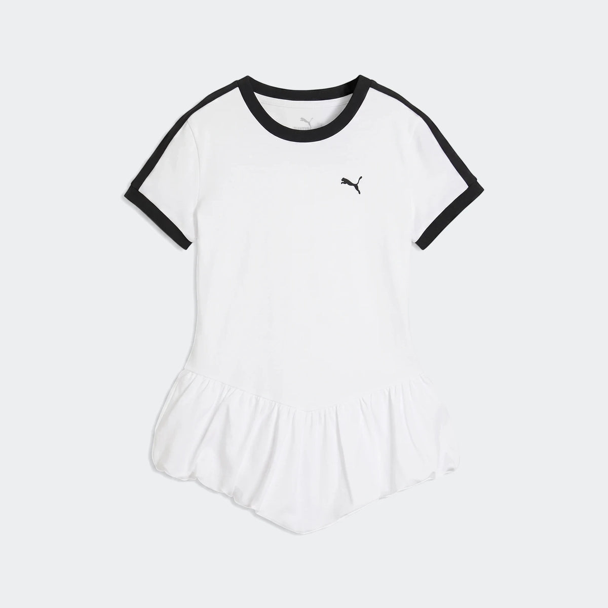 White Puma T7 Balloon Crew Neck Short Sleeve T-Shirt with black trim on the collar and sleeves, featuring the Puma logo.