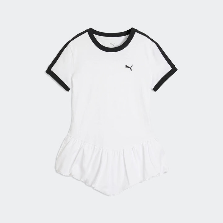 White Puma T7 Balloon Crew Neck Short Sleeve T-Shirt with black trim on the collar and sleeves, featuring the Puma logo.