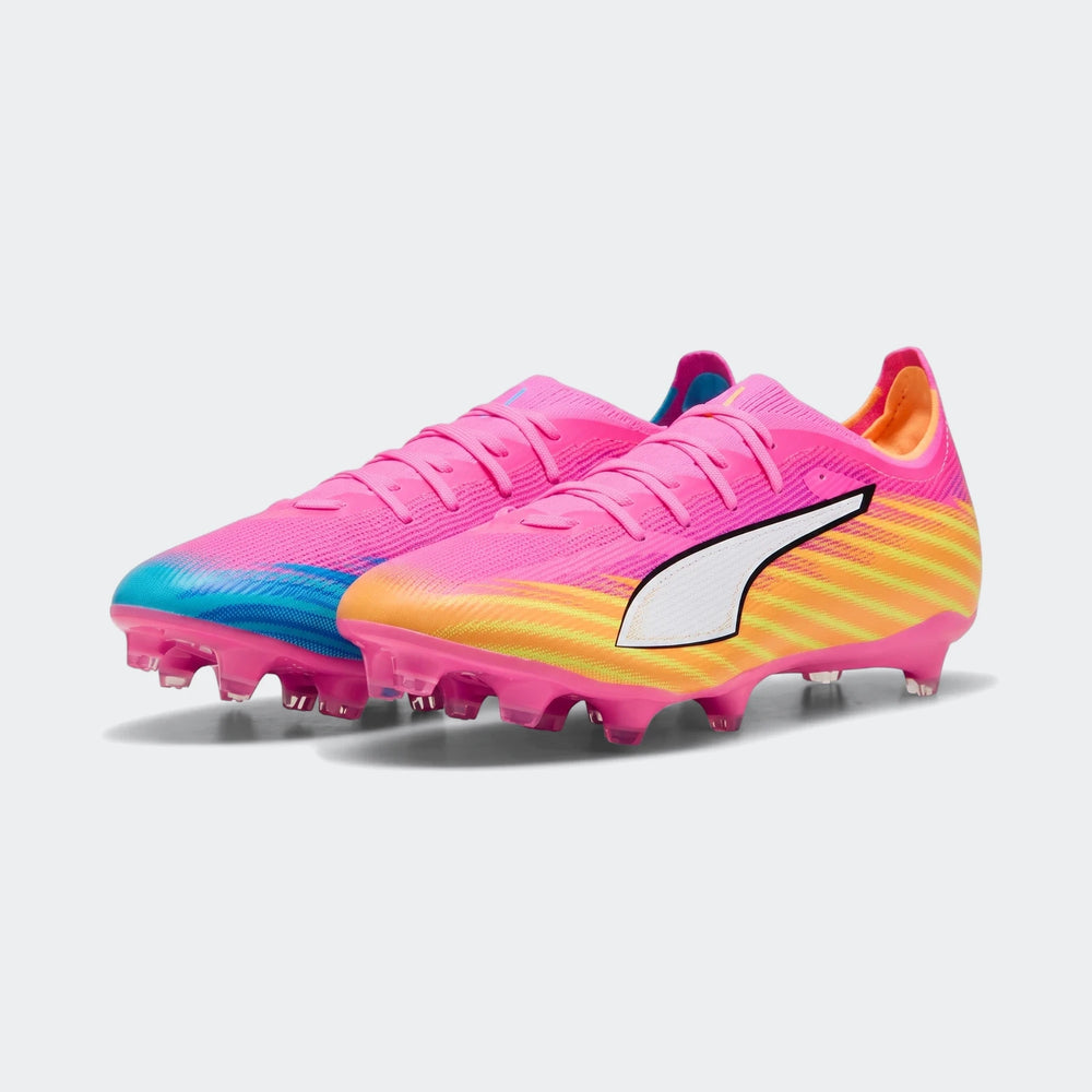 Pair of Puma Ultra 6 Match FG/AG unisex football boots in vibrant pink, blue, yellow, and orange with white branding.