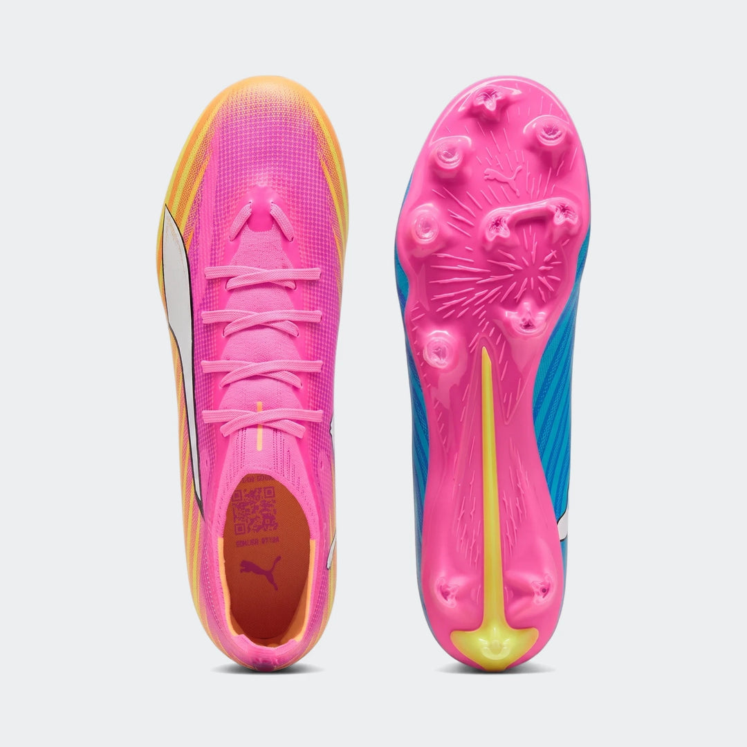 Puma Ultra 6 Match Fg/Ag football boots in vibrant pink and yellow, displayed in a top-down and sole view showing the studs.