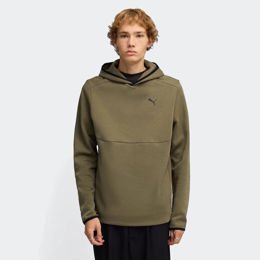 Men's olive green Pumatech Hoodie, a hooded sweatshirt, worn by a model in a studio shot, full sleeves and logo visible.