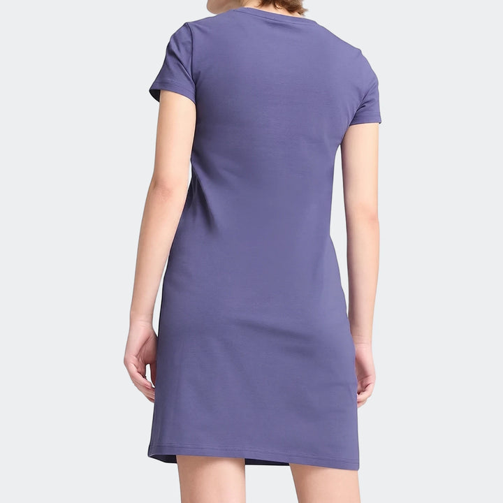 Purple Ess+ Logo short sleeve t-shirt dress, shown from the back, highlighting the casual fit and knee length.