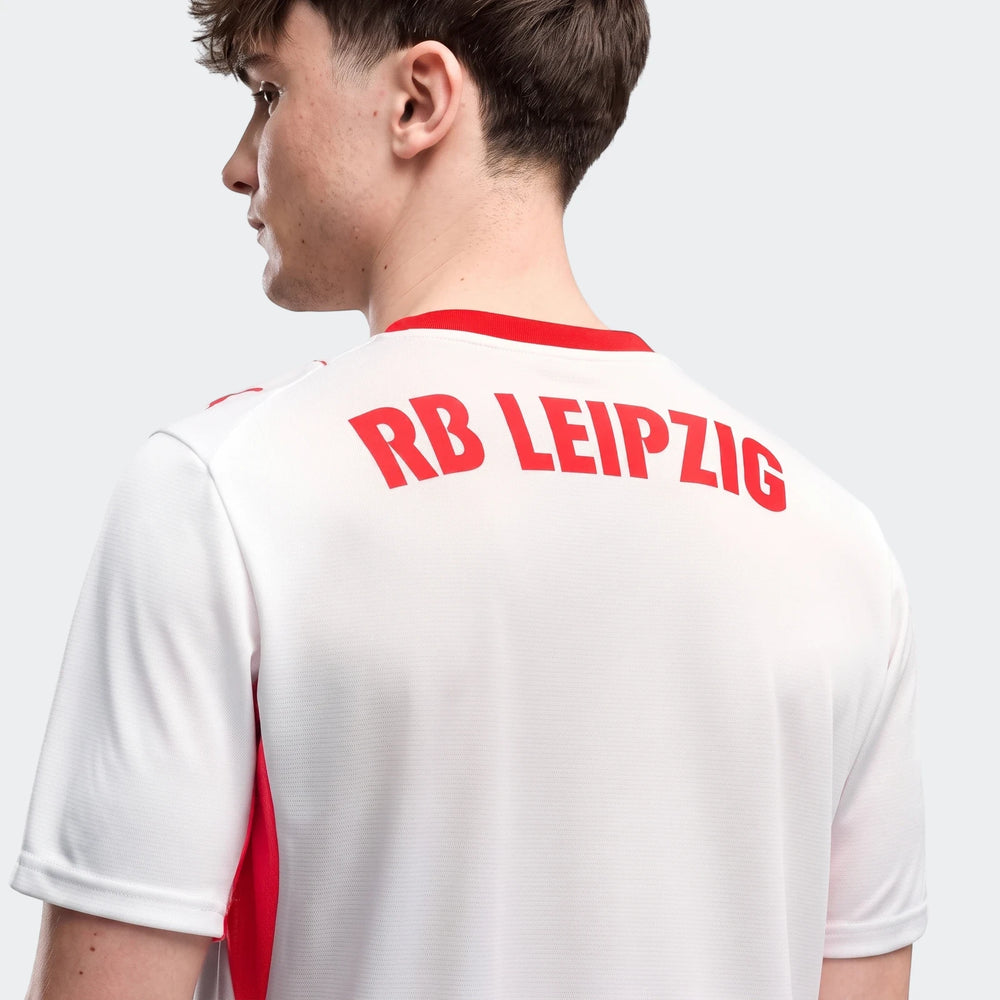 White RB Leipzig 26/27 Home Jersey for men, featuring red branding on the back, modeled from a rear-side view.