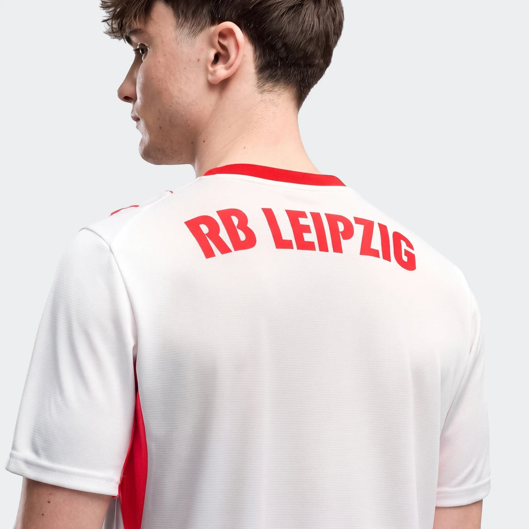 White RB Leipzig 26/27 Home Jersey for men, featuring red branding on the back, modeled from a rear-side view.