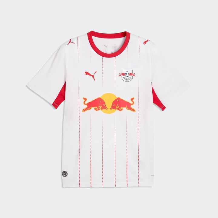 Rb Leipzig 26/27 Home Jersey for men, featuring a white design with red accents, team crest, and bull graphic.