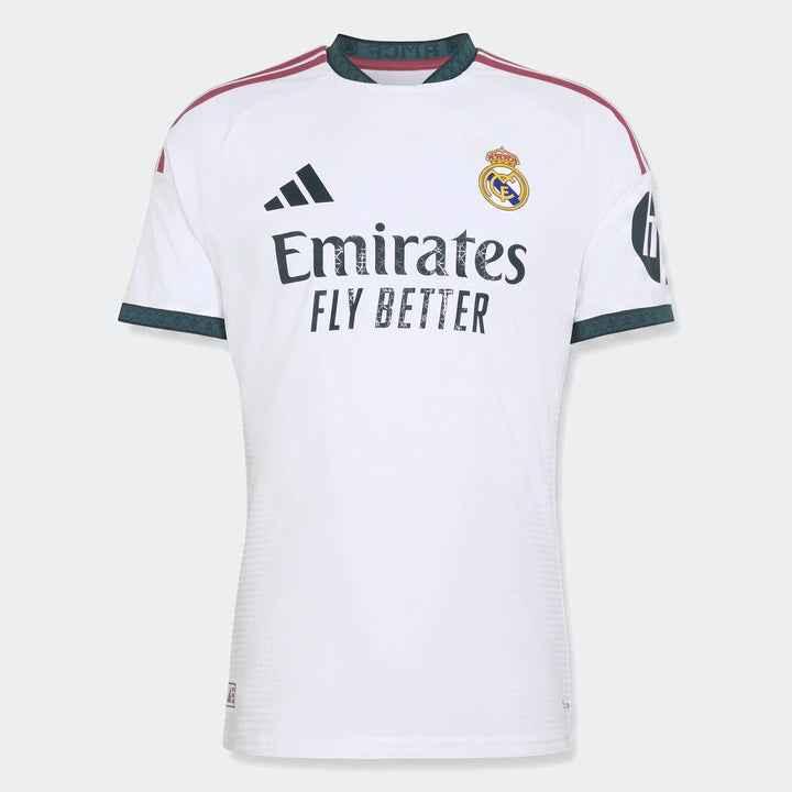Real Madrid 25/26 Authentic Home Jersey, white with green and burgundy accents, featuring Adidas, Emirates, and club crest.