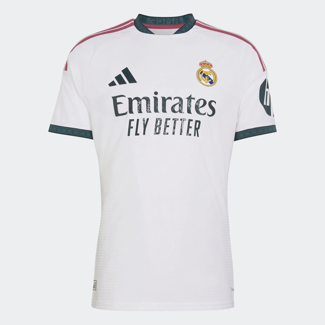 Real Madrid 25/26 Authentic Home Jersey in white with red and green accents, featuring sponsor logos and club crest, front