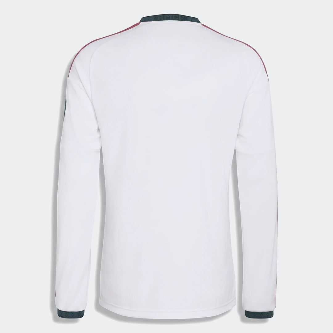 Back view of the white Real Madrid 25/26 Long Sleeve Home Jersey featuring maroon shoulder stripes and a dark green ribbed