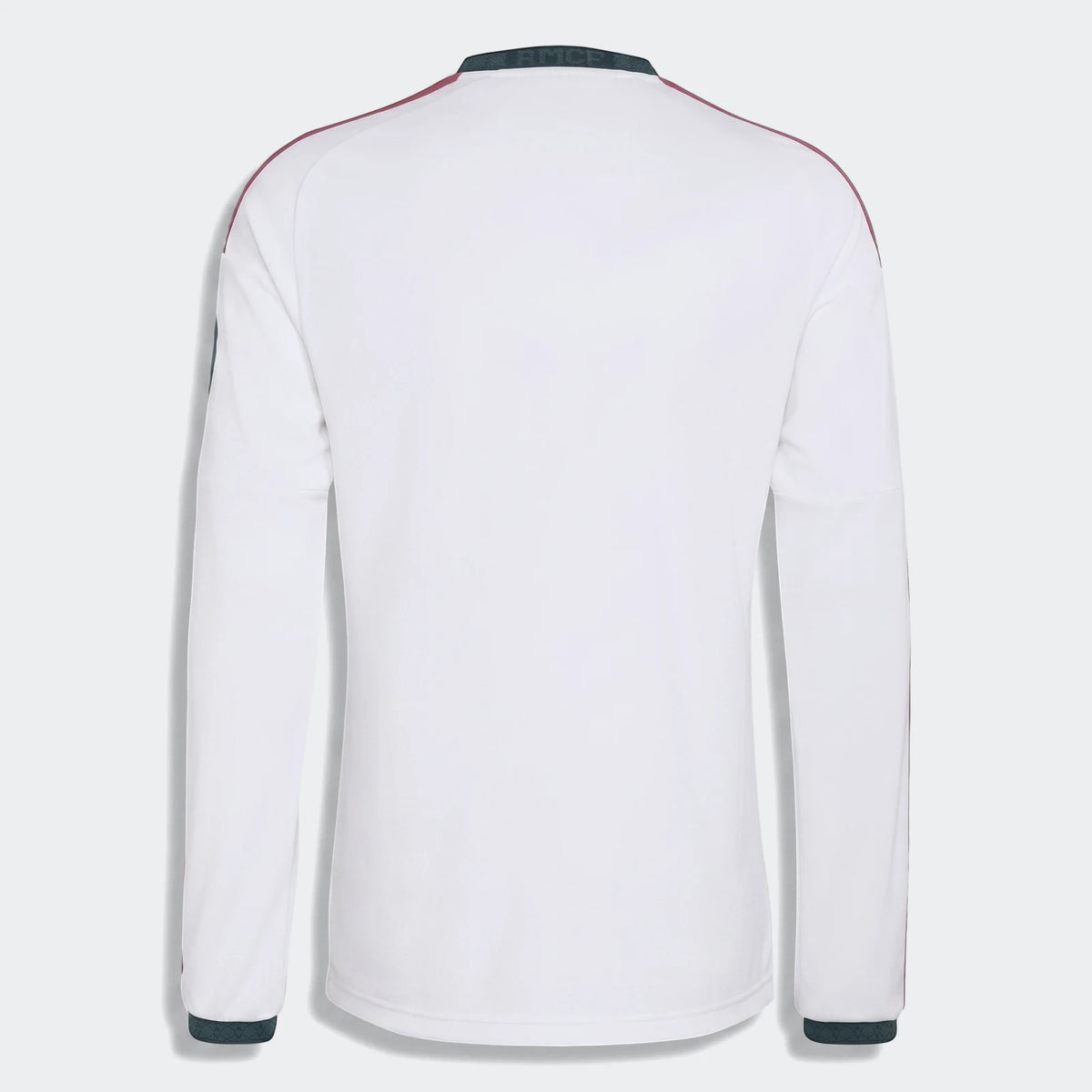 Back view of the white Real Madrid 25/26 Long Sleeve Home Jersey featuring maroon shoulder stripes and a dark green ribbed