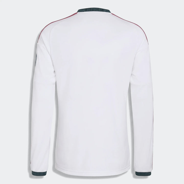 Back view of the white Real Madrid 25/26 Long Sleeve Home Jersey featuring maroon shoulder stripes and a dark green ribbed