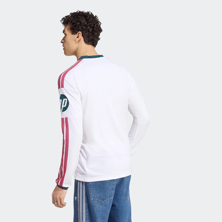 Men's Real Madrid 25/26 white long sleeve home jersey, featuring maroon stripes and a dark green HP logo, shown from the