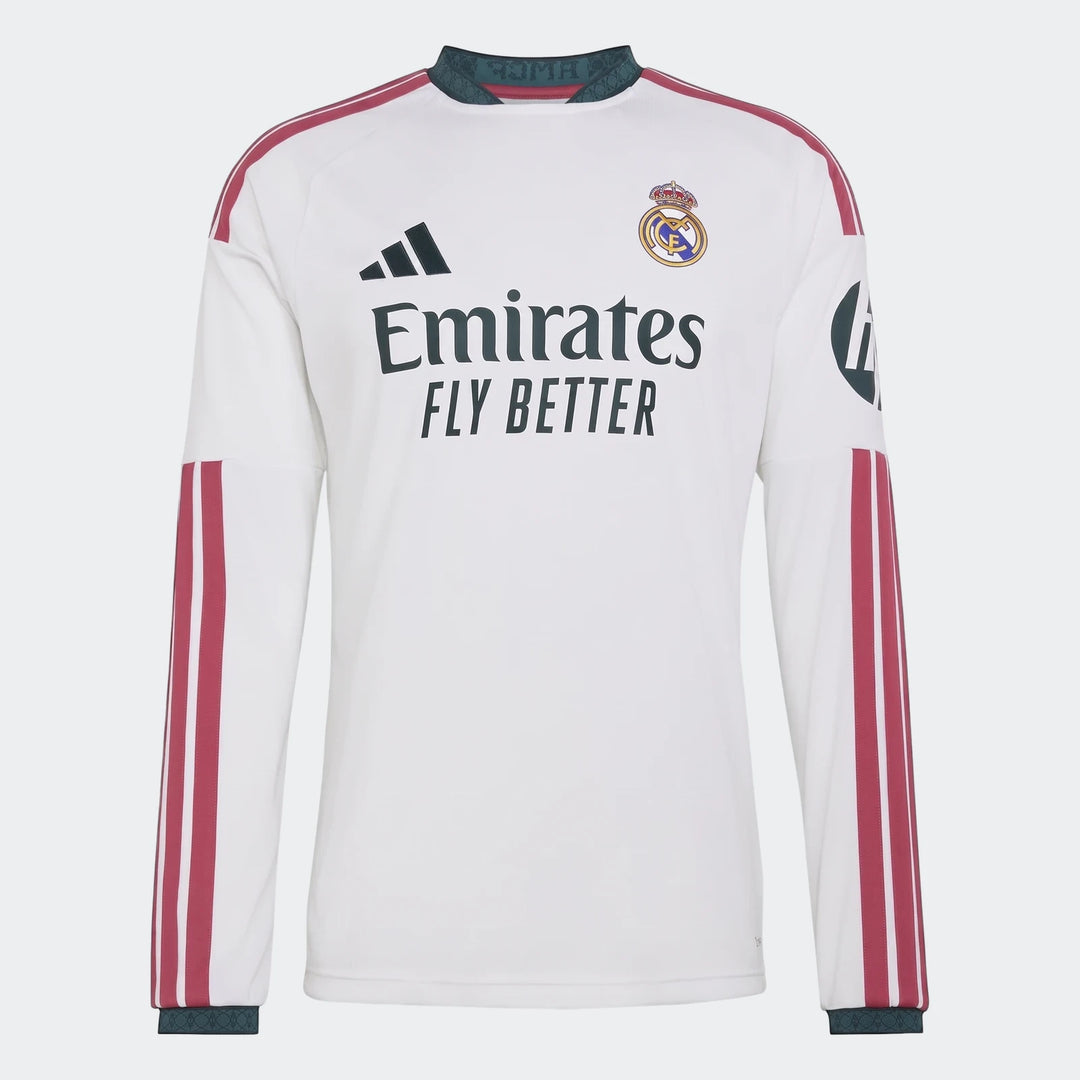 White Real Madrid 25/26 long sleeve home jersey, featuring Adidas branding, the club crest, and Emirates sponsor logo on the