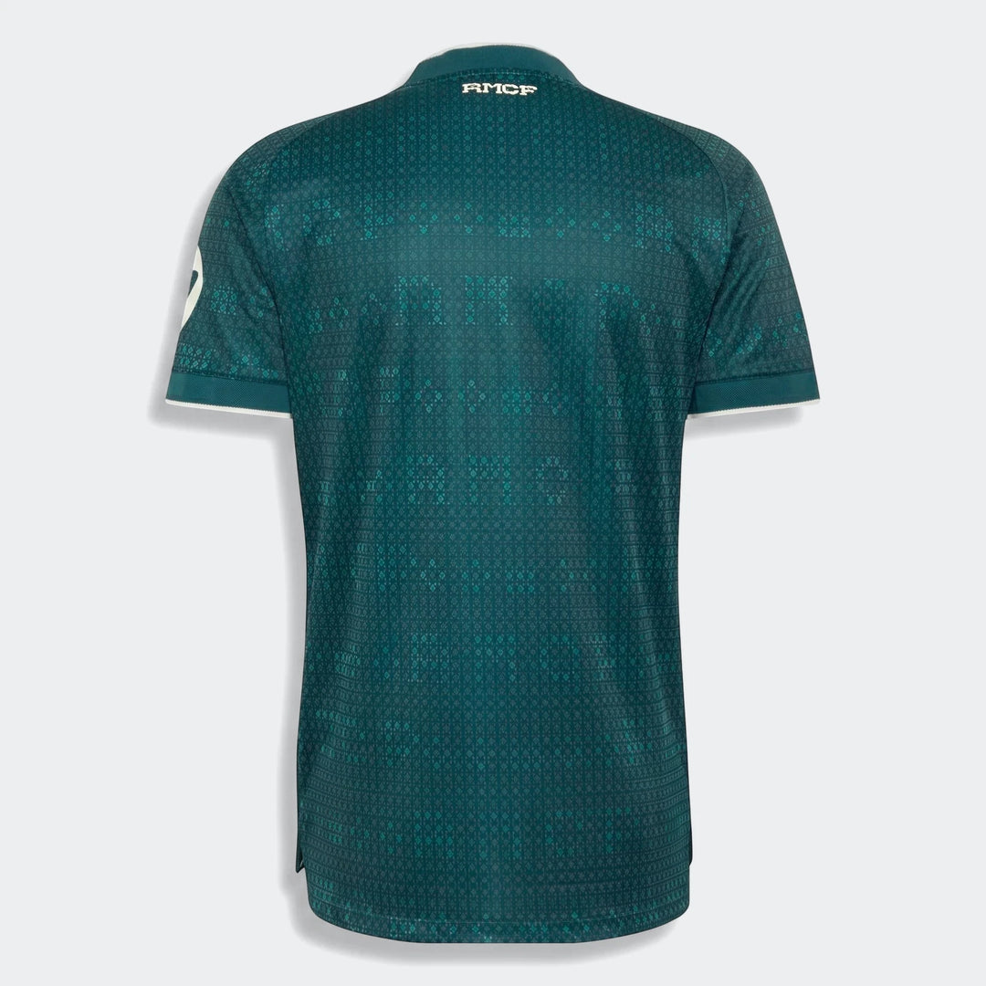 Real Madrid 26/27 Away Authentic Jersey in dark green with a subtle geometric pattern, displayed from the back.