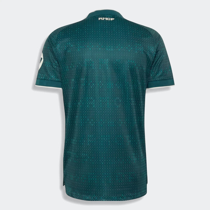 Real Madrid 26/27 Away Authentic Jersey in dark green with a subtle geometric pattern, displayed from the back.