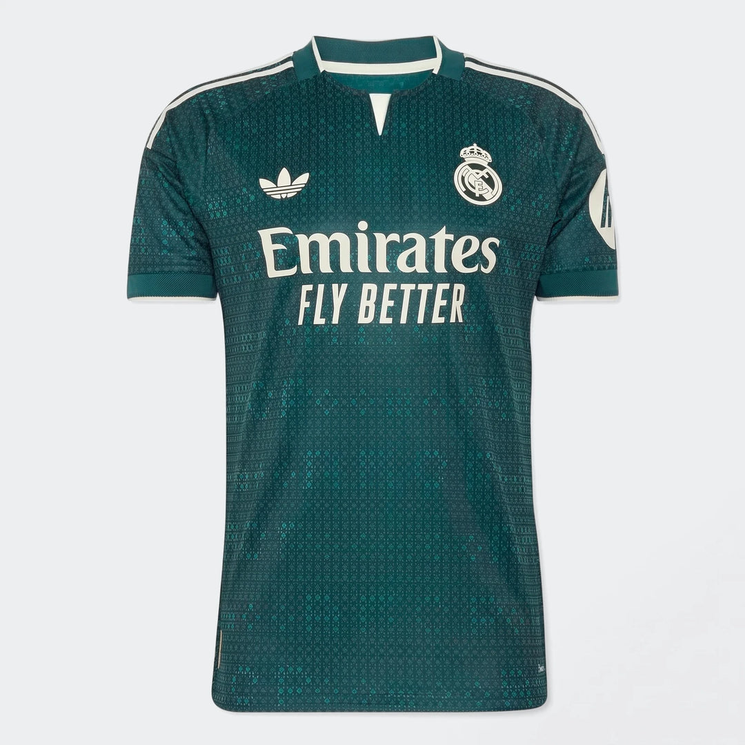 Real Madrid 26/27 Away Authentic Jersey in green with white Adidas logo, Real Madrid crest, and Emirates Fly Better sponsor.