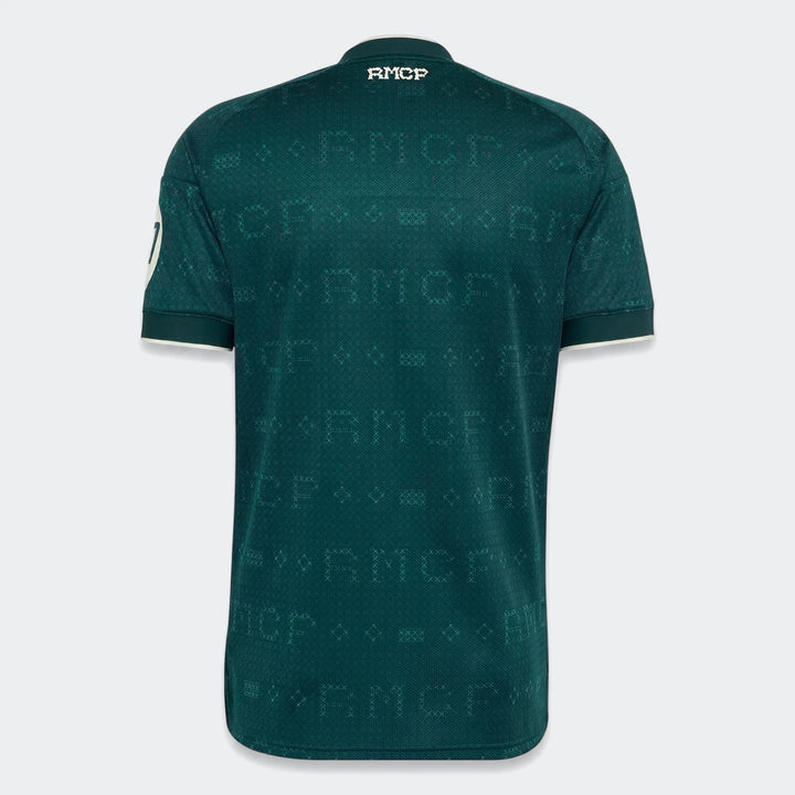 Real Madrid 26/27 Away Jersey in dark green, featuring a subtle pattern, short sleeves, and showing the back view.