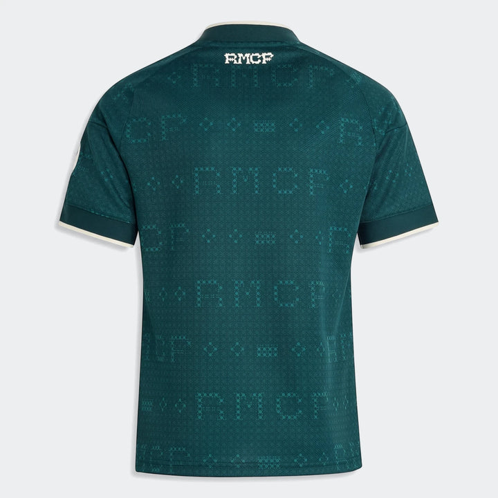 Real Madrid 26/27 kids' away jersey, dark green with RMCF logo on back, short sleeves.