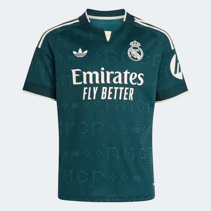 Dark green Real Madrid 26/27 Away Jersey for kids, featuring Adidas logo, team crest, and 'Emirates FLY BETTER' sponsor text