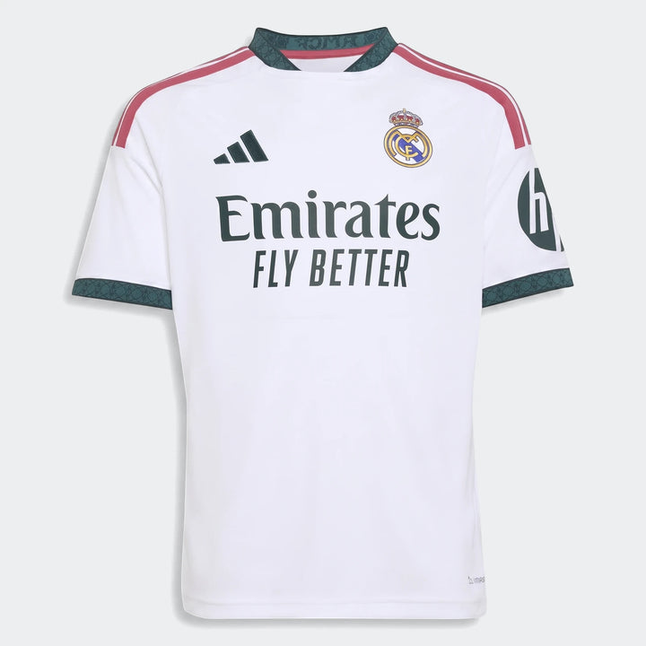 Real Madrid 26/27 Home Jersey for kids, a white short-sleeve soccer top with club crest and sponsor logos, front view on a
