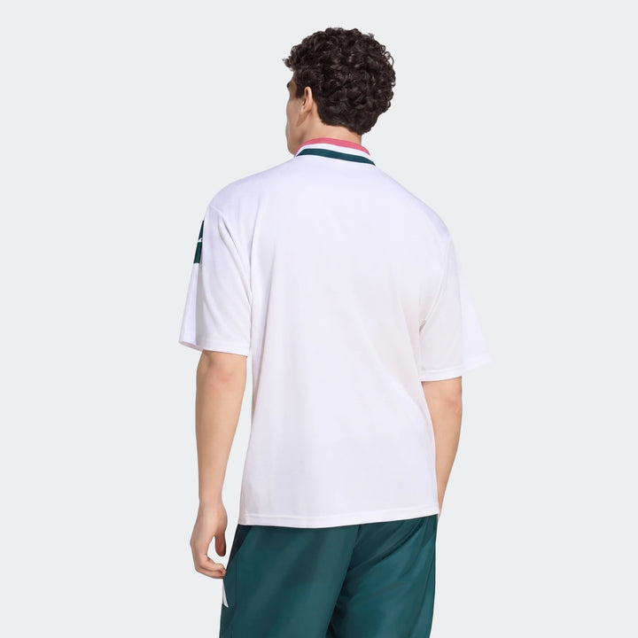 White Real Madrid Street Jersey for men, featuring a striped collar and short sleeves, modeled from the back.