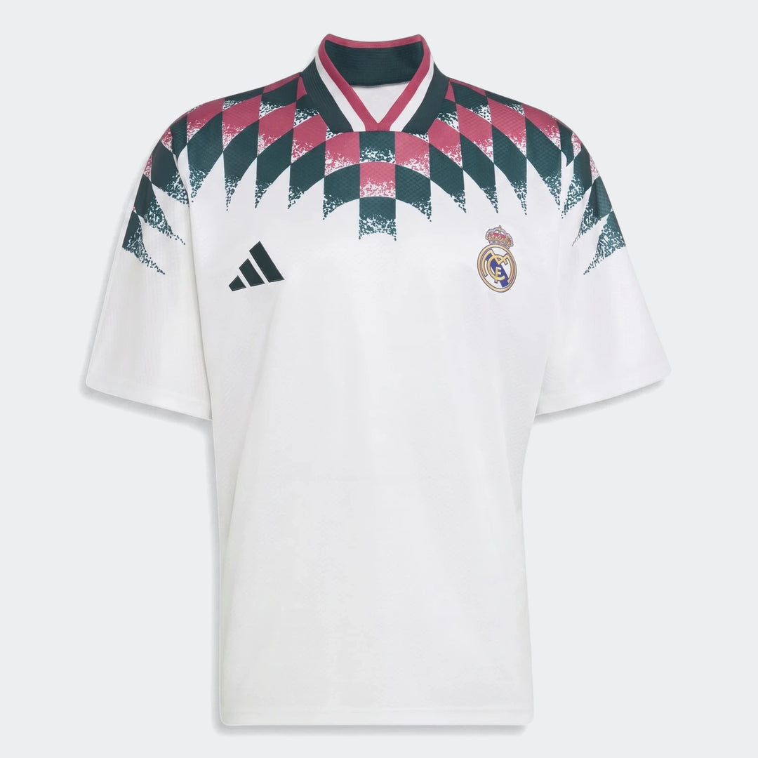 Real Madrid Street Jersey in white with a dark green and burgundy checkered pattern, shown in a front view.