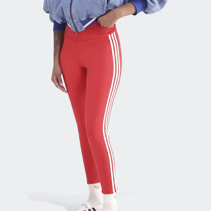 Red 3-Stripes Cotton Leggings worn by a person, featuring iconic white side stripes and a comfortable fit.