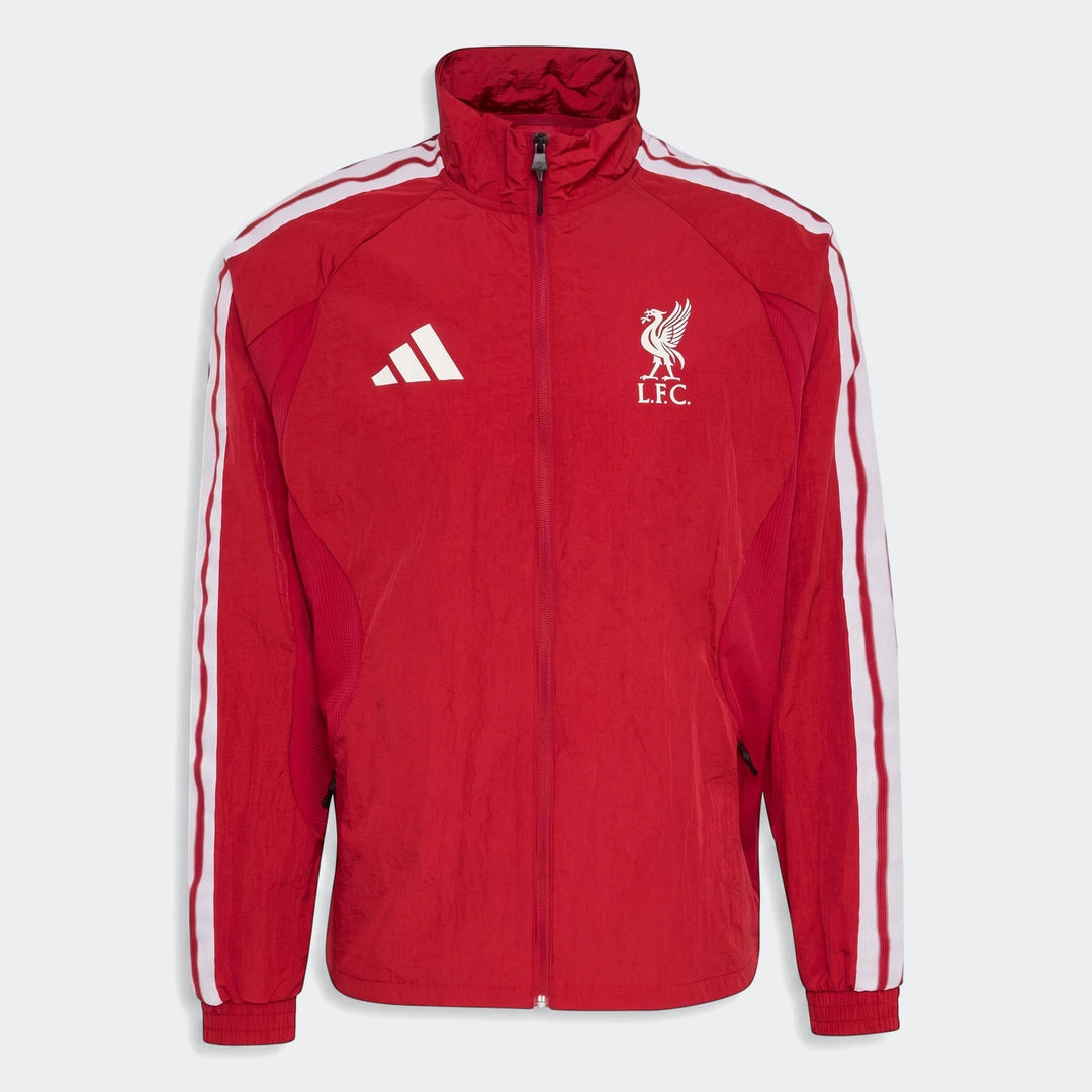 Red Liverpool FC Home Anthem Jacket, with white Adidas logo and club crest. Full-zip, featuring white three stripes on the