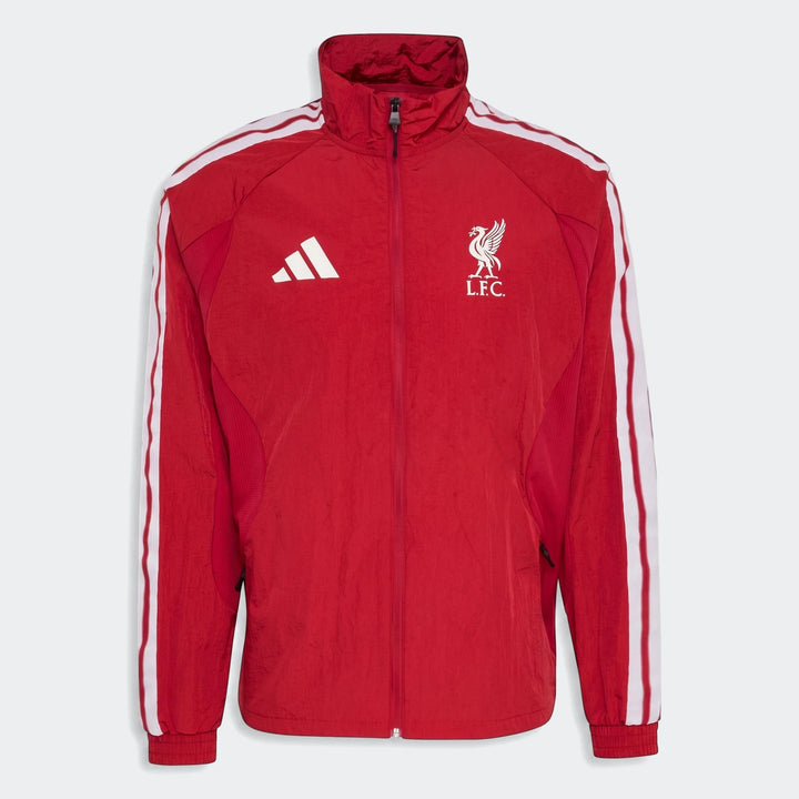 Red Liverpool FC Home Anthem Jacket, with white Adidas logo and club crest. Full-zip, featuring white three stripes on the