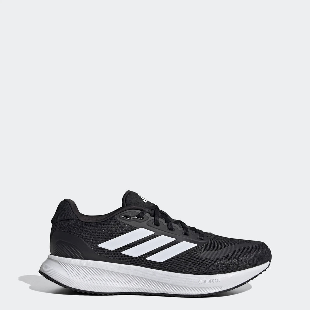 Black Adidas Runfalcon 5 running sneakers with white stripes and Cloudfoam sole, shown in a side view.