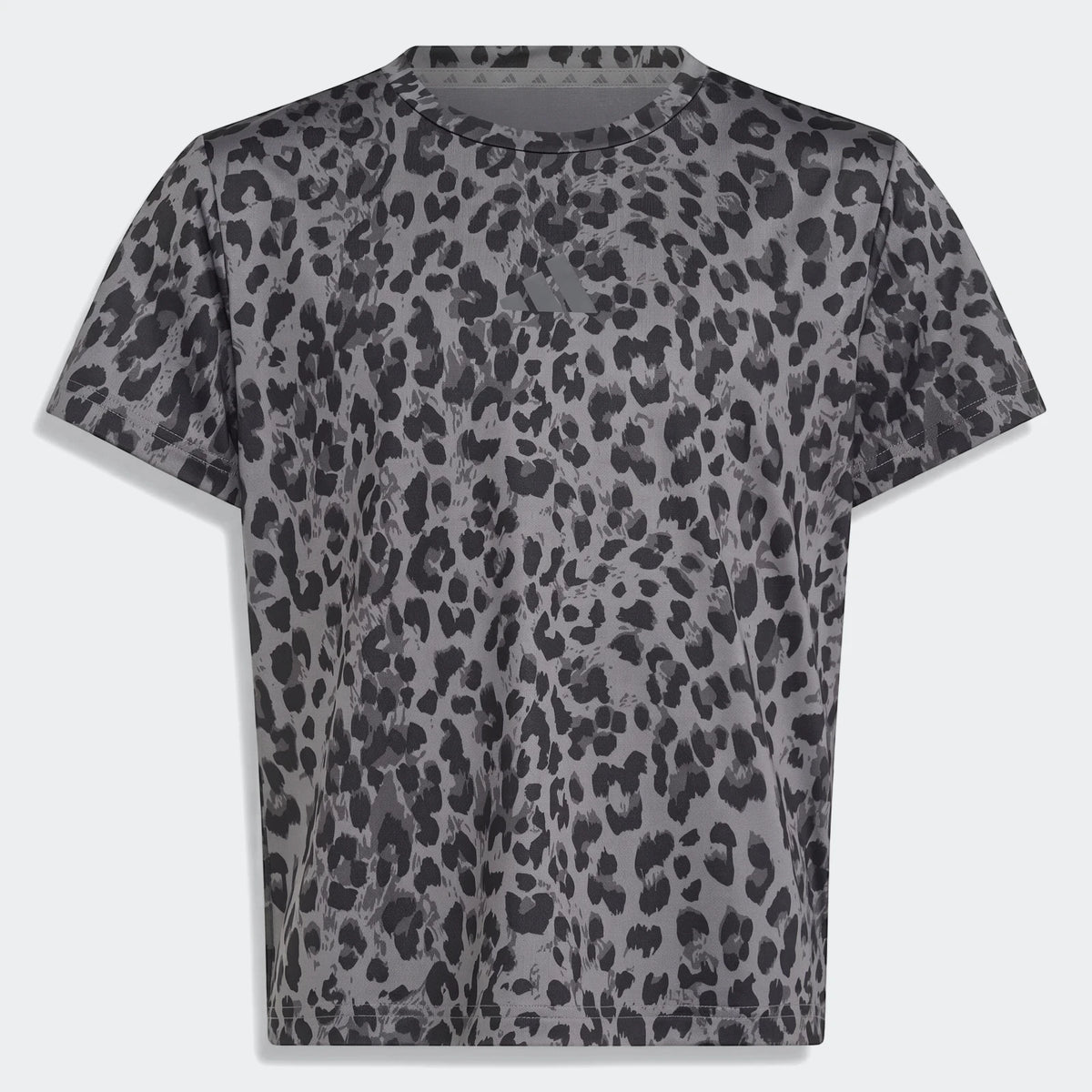 Grey leopard print short-sleeve sport t-shirt, front view, flat lay for e-commerce display.