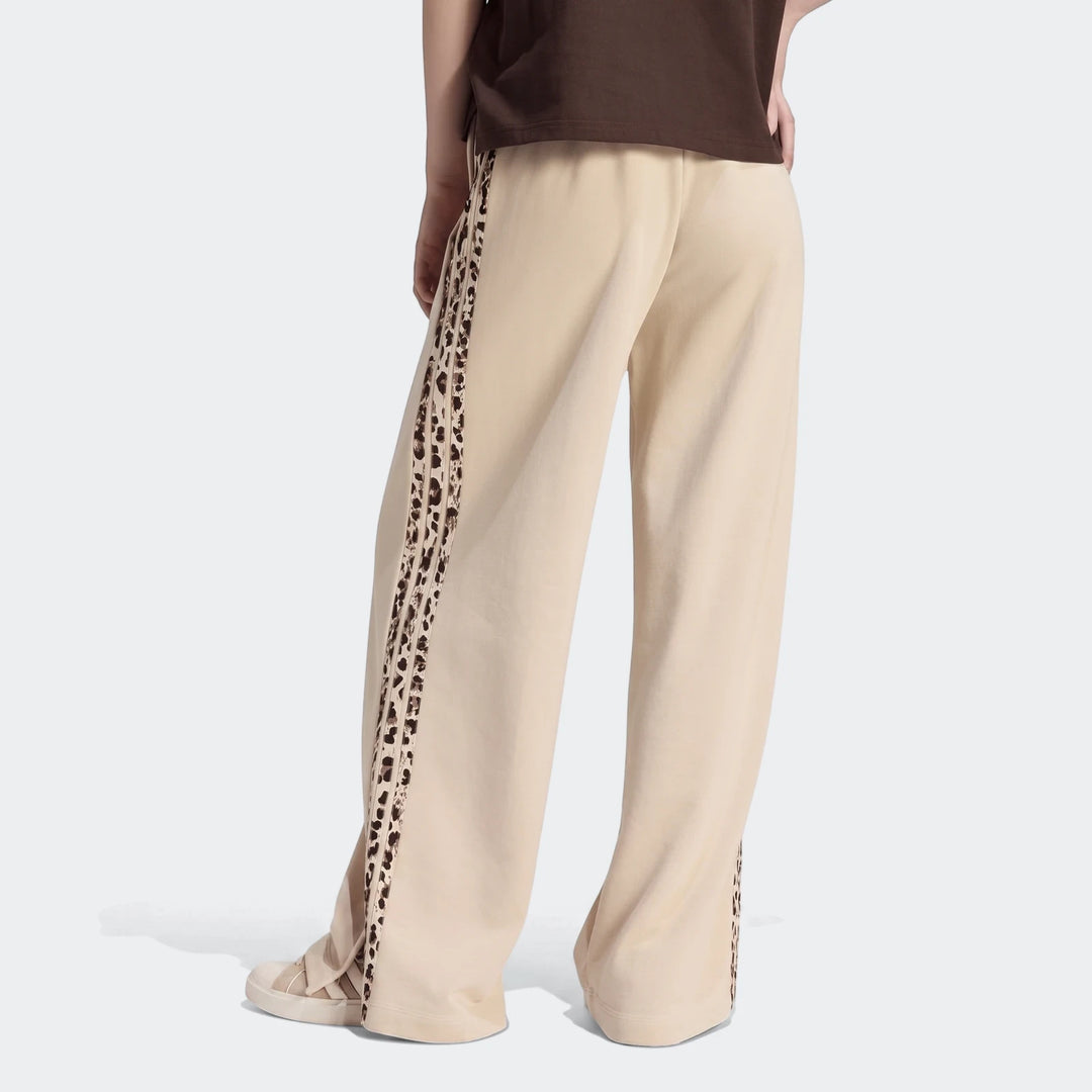 Beige Seasonal Essentials Animal Print 3-Stripes Joggers for women, featuring a wide-leg fit and brown animal print side