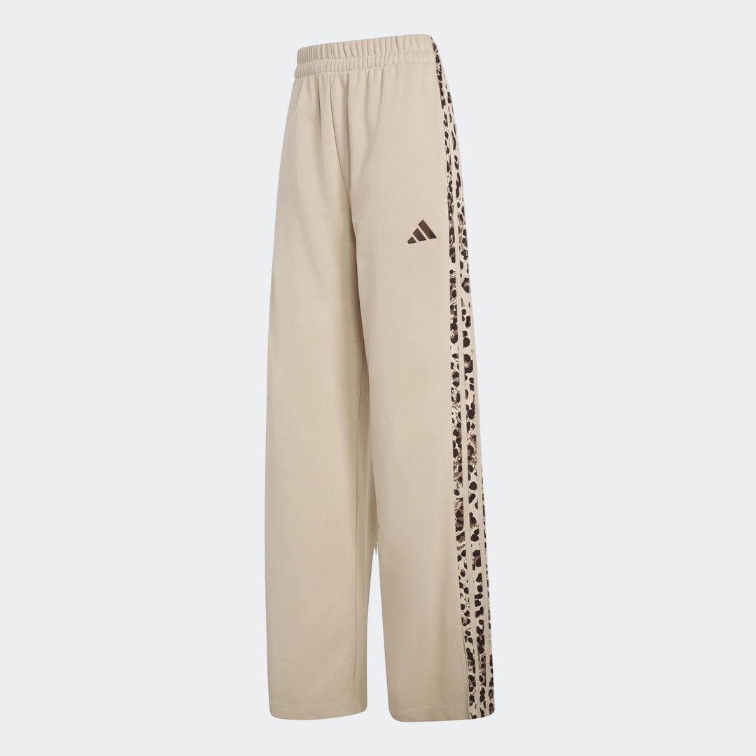 Beige Seasonal Essentials Animal Print 3-Stripes Joggers from Adidas, showcasing the wide-leg design and elastic waistband.