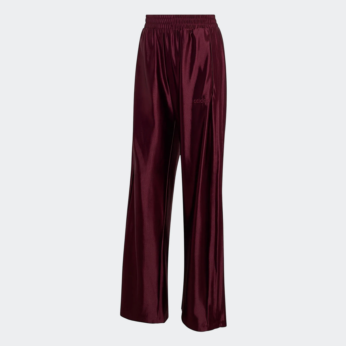 Burgundy Adidas Seasonal Essentials wide-leg satin tracksuit bottoms, shown front-on with elasticated waist and side stripes.