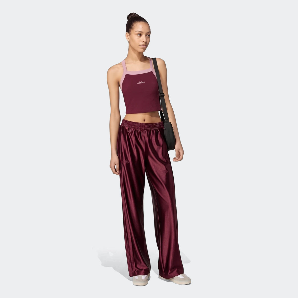 Maroon Seasonal Essentials Satin Tracksuit Bottoms, featuring a model in a full-body shot, paired with a matching crop top