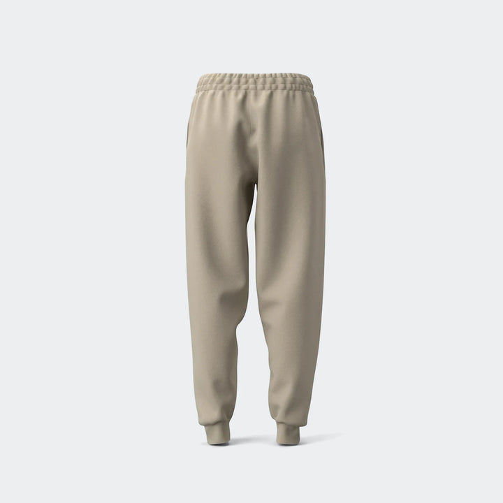 Beige slim fleece cuffed track pants in a simple front view, highlighting their comfortable fit and casual style.