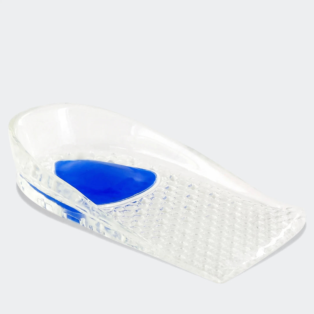 Sof Sole Mens Gel Heel Cup, a clear, lightweight gel insert featuring a blue cushioning pad for enhanced comfort, shown